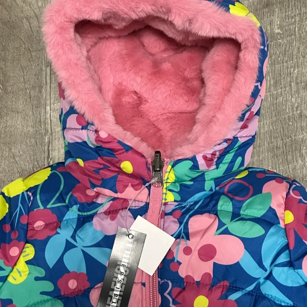 Falls Creek Girls 2T Toddler Reversible Puffer Jacket Coat Faux Fur Flowers Hood - Picture 7 of 9